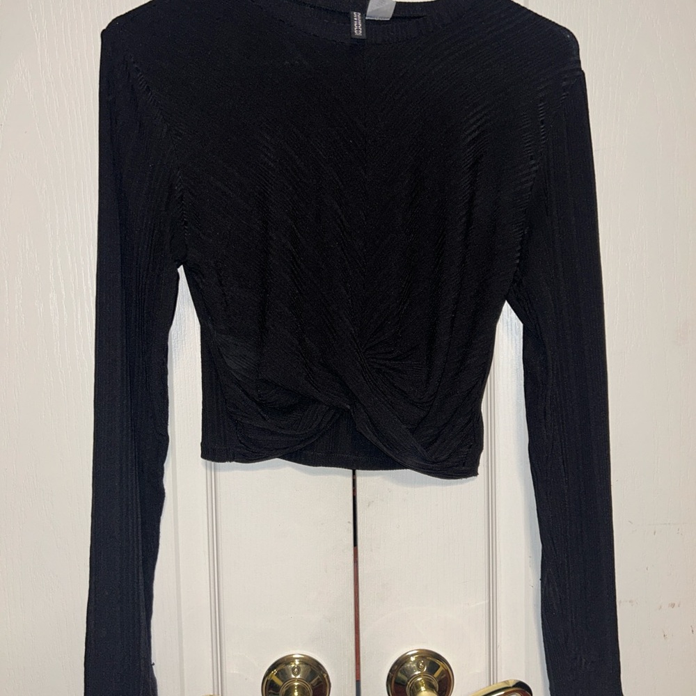 H&M Black Long Sleeve Tie Front Crop Blouse